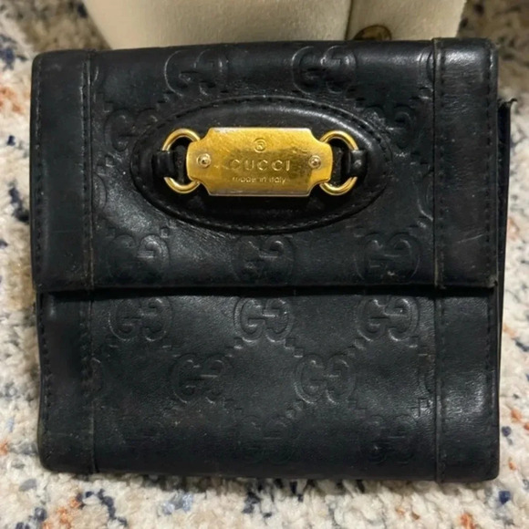Gucci Black Leather Authentic Gucci GG Pattern Folding Wallet W/Dustbag - Picture 1 of 11